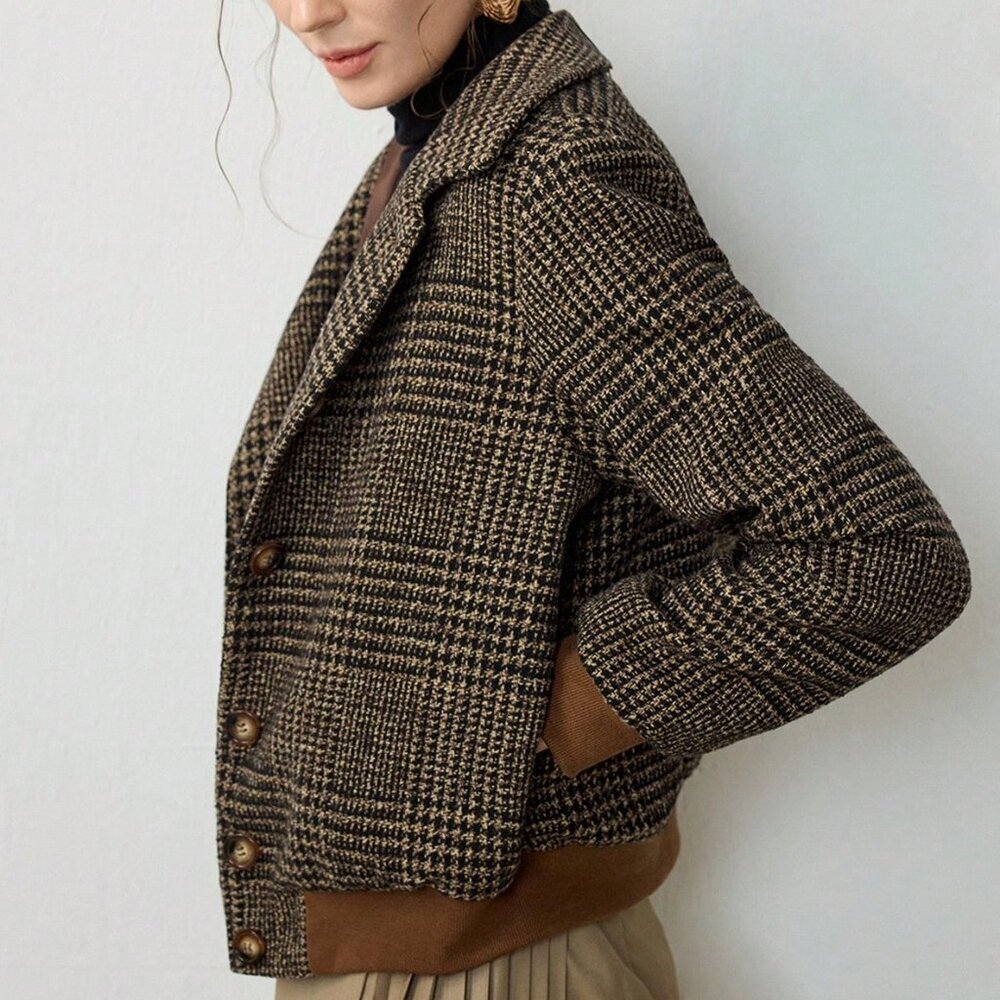 Brown Elegant Women's Plaid Woven Turndown Collar Sleeve Buttoned Jacket - Picture 4 of 8